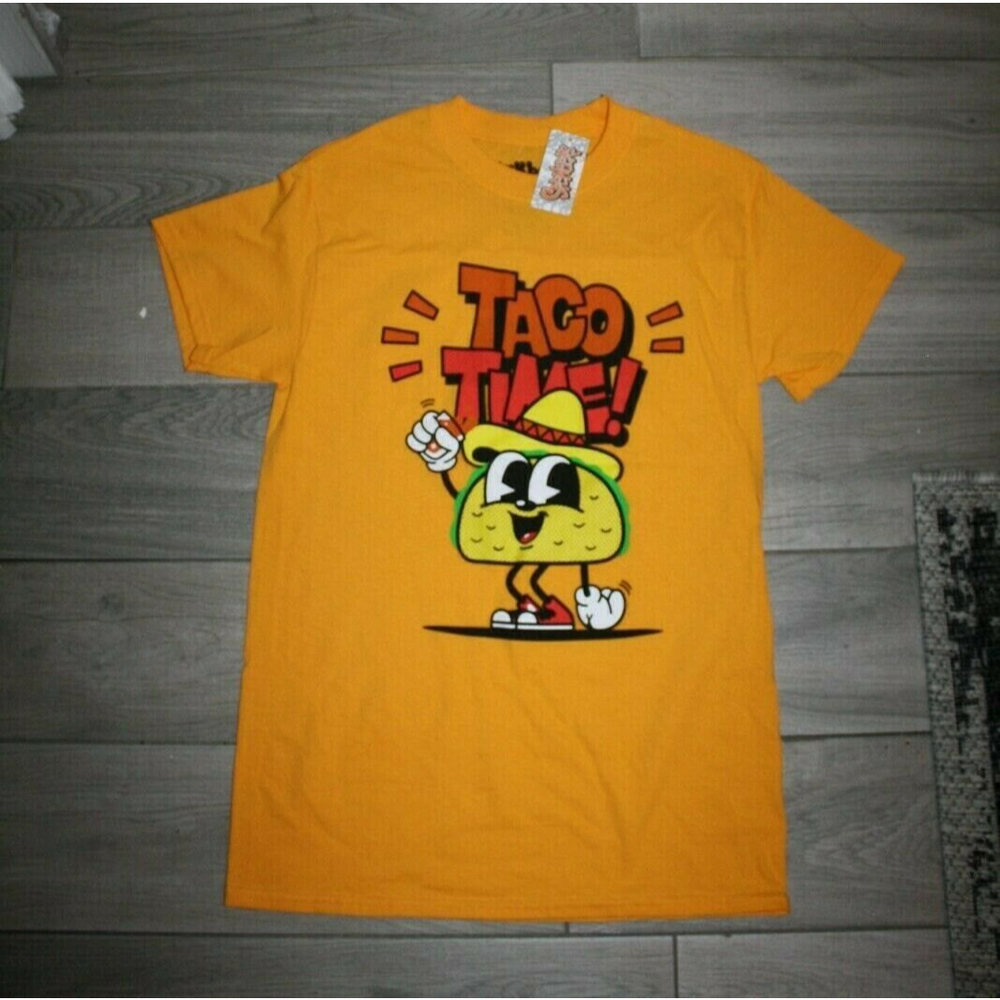 Taco Time Shirt Men's Small Yellow Short Sleeve Crew Neck Cotton NEW Graphic Tee